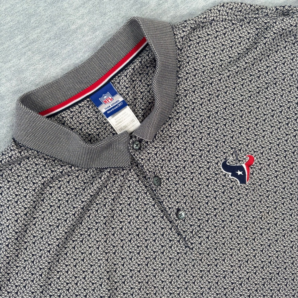 Reebok Houston Texans NFL Polo Shirt Men 2XL Grey Navy Geometric Print Short Slv